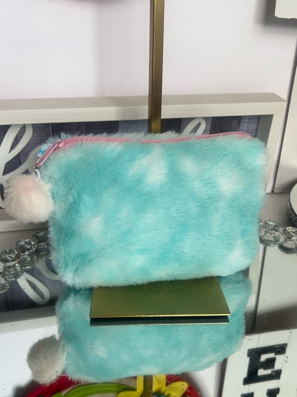 Plush Faux Fur Cosmetic Pouch in Mint with Pink Zip